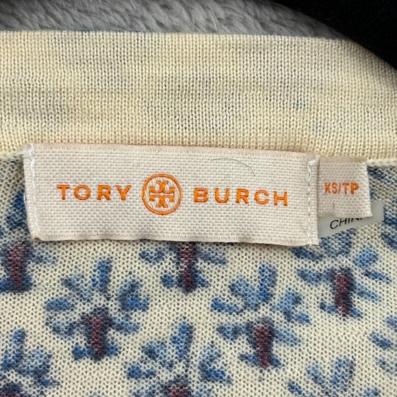 Tory Burch 100% Wool Cardigan Sweater Womens XS Blue Geometric Old Money Classic - Picture 9 of 16